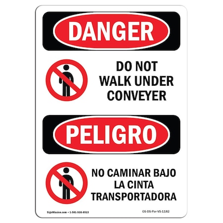 Signmission OSHA Sign, Do Not Walk Under Conveyor Bilingual, 5in X 3.5in Decal, 3.5" W, 5" H, Spanish OS-DS-D-35-VS-1182